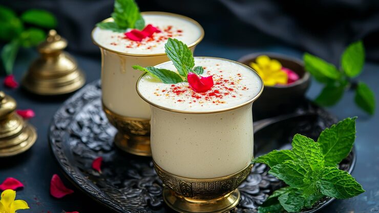 delicious-traditional-drink-served-ornate-cups-garnished-with-mint-rose-petals-decorative-platter