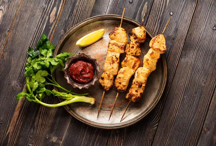 shish-kebab-fillet-turkey-bamboo-skewers-metal-plate